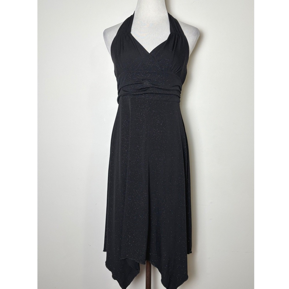 VTG Y2K Handkerchief Hem Halter Midi Dress M Whimsigoth Glitter Retro Vamp